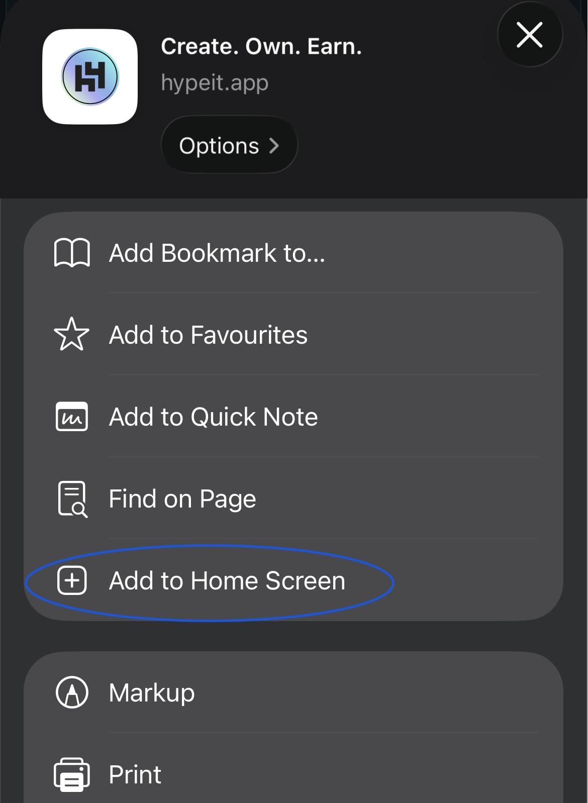Add to Home Screen highlighted